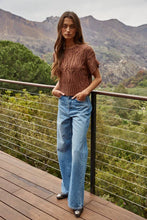 W1124 | Knit Sweater Crochet Round Neck Short Sleeve Top: Dark Brown / Medium