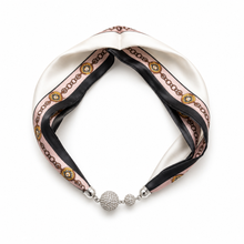 Ellison+Young Satin Twilly Scarf Necklace with Jeweled Magnetic Clasp: Luxe Equestrian Print
