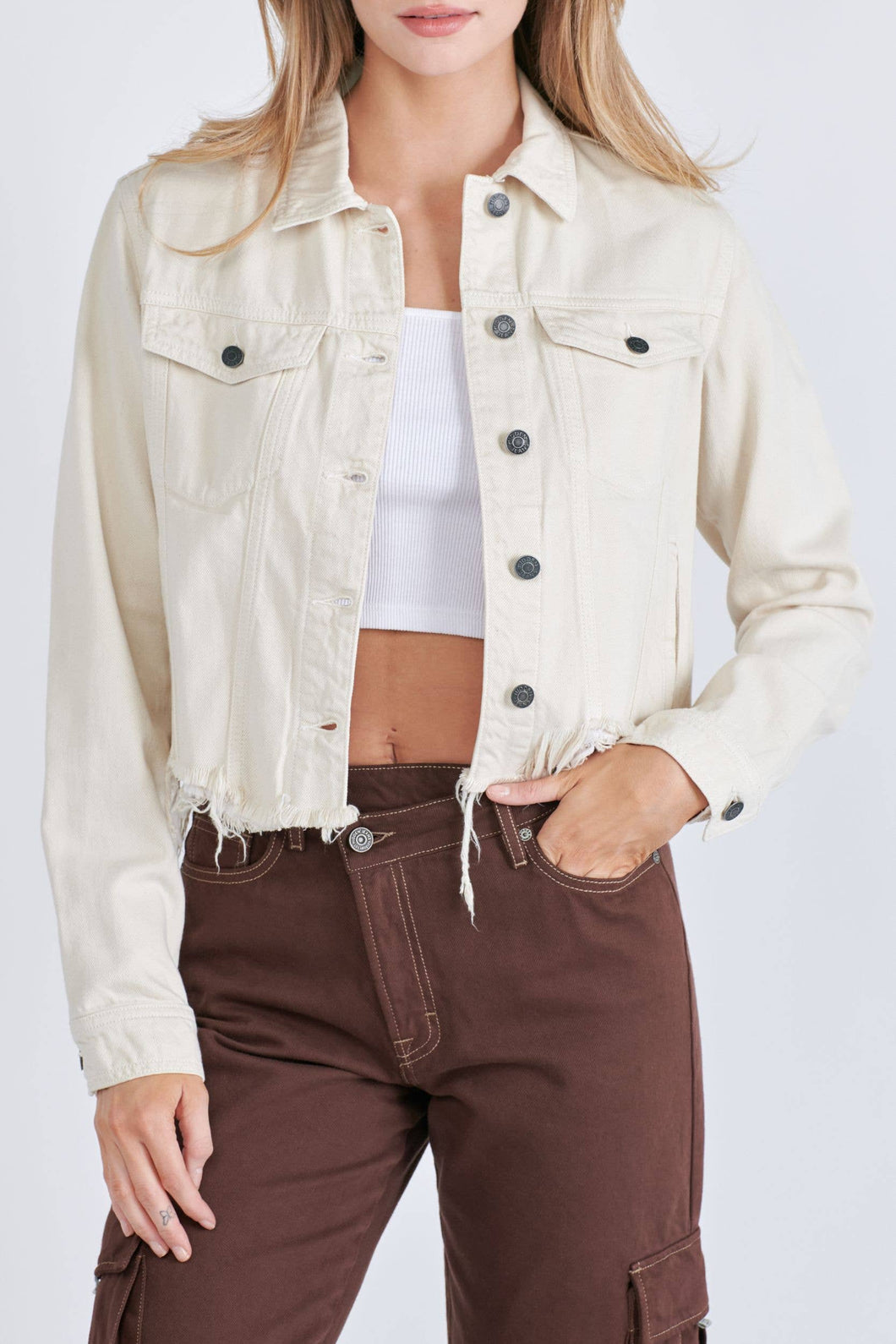 Cream Cropped Frayed Fitted Jacket