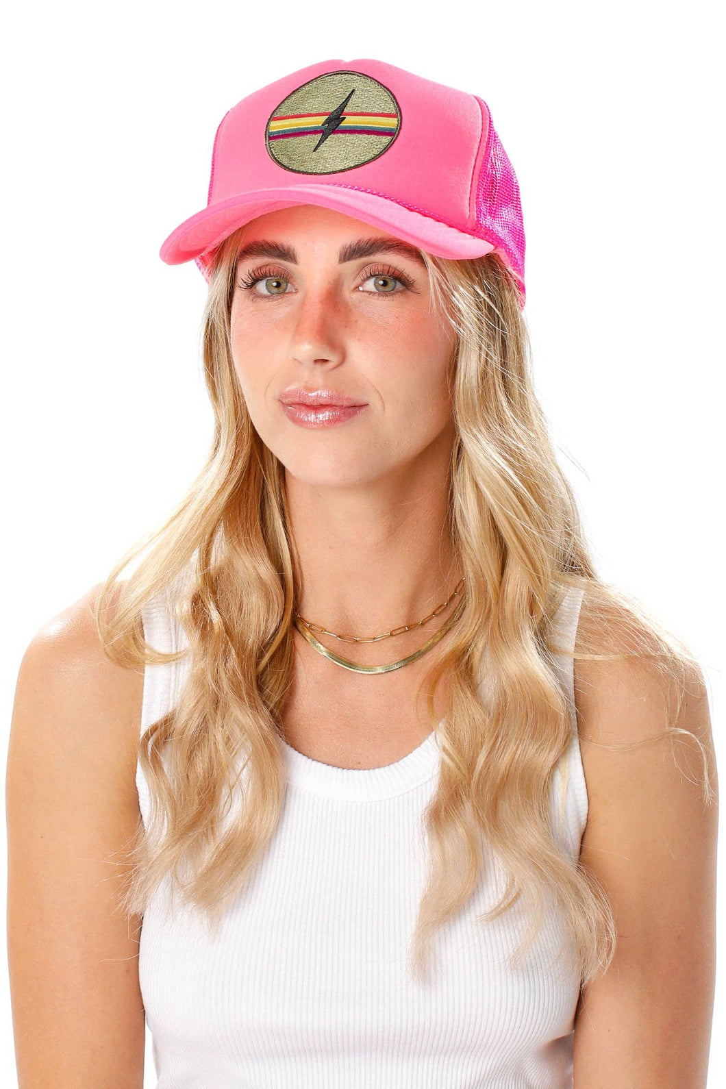 Electric Rainbow Trucker Hat in Pink: Pink