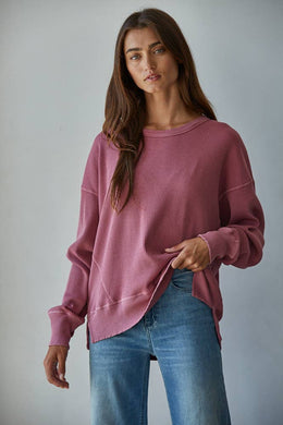 Wine Knit Drop Shoulder Long Sleeve Top