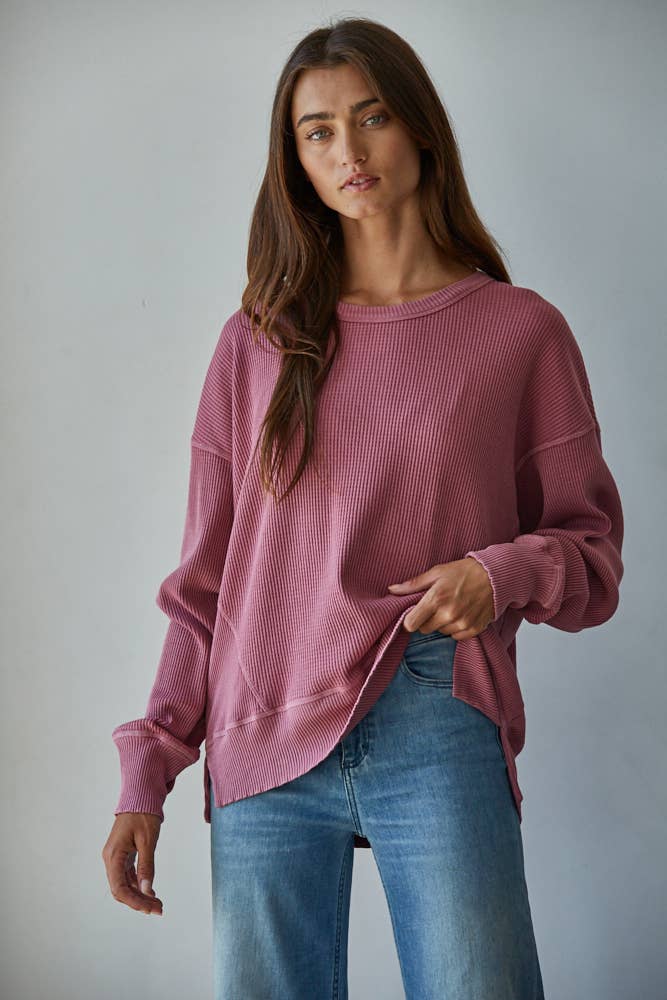 Wine Knit Drop Shoulder Long Sleeve Top