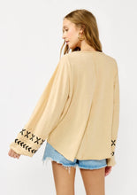 Embroidered Dolman Sleeve Split Neck Knit Top: Taupe/Black / S