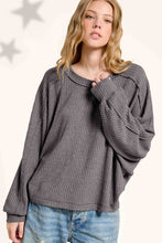 HAT7565-Brushed Waffle Fabric Loose Fit Long Sleeve Top: Teal Green / M