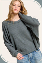 HAT7565-Brushed Waffle Fabric Loose Fit Long Sleeve Top: Teal Green / M