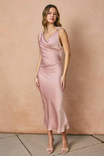 Satin Metal Trim Cowl Ruched Midi Dress: SAGE / S-M-L(2-2-2)