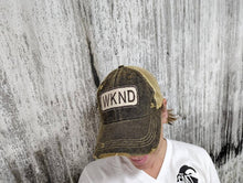 WKND Distressed Tan Mesh Snapback Baseball Cap: Azul with Orange