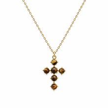 Ellison+Young Natural Stone Cross Pendant Necklace, Gold Chain: Tiger's Eye Brown