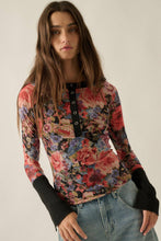 Floral-Print Mesh Split-Cuff Raglan-Sleeve Henley Top: Black / L