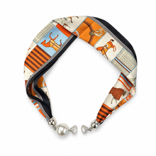 Ellison+Young Satin Twilly Scarf Necklace with Jeweled Magnetic Clasp: Luxe Equestrian Print