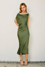 Satin Metal Trim Cowl Ruched Midi Dress: SAGE / S-M-L(2-2-2)