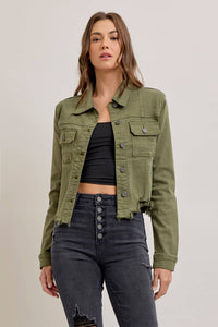Military Olive Frayed Cropped Fitted Jacket