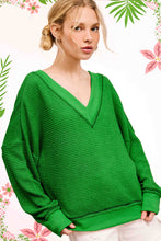 JLT7410-V-neck Waffle Long Sleeve Top Christmas Fall: Sage / S