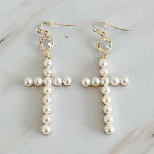 Pearl Cross Dangle Earrings: Silver