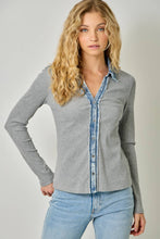 60719 Washed Thermal Button Down Top: Melange Grey / Small