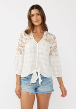 Button Down Crochet Lace Tie Front Top: Off-White / L