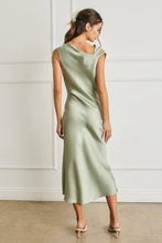 Satin Metal Trim Cowl Ruched Midi Dress: SAGE / S-M-L(2-2-2)