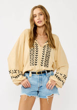 Embroidered Dolman Sleeve Split Neck Knit Top: Taupe/Black / L