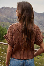 W1124 | Knit Sweater Crochet Round Neck Short Sleeve Top: Navy / Large