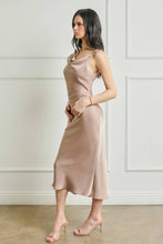 Satin Metal Trim Cowl Ruched Midi Dress: SAGE / S-M-L(2-2-2)