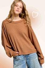HAT7565-Brushed Waffle Fabric Loose Fit Long Sleeve Top: Teal Green / S
